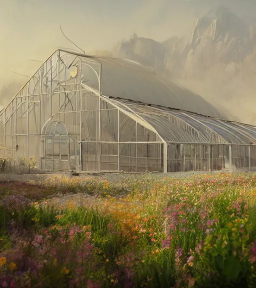 Image similar to a matte painting of a white biroremediation architecture, greenhouse in the mining tailings in the desert, prairie, cottage town, foggy, patchy flowers, oil painting, pale colors, high detail, 8 k, wide angle, trending on artstation, behance