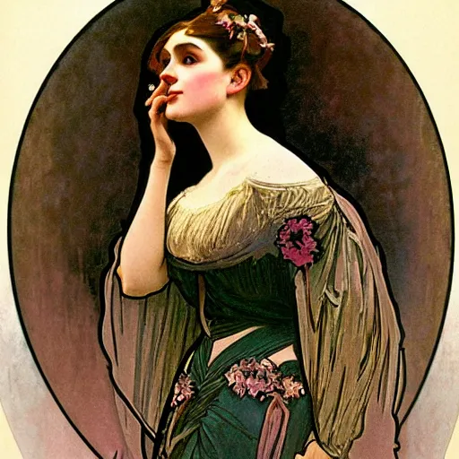 Image similar to young victorian lady in ball gown, painted by alphonse mucha