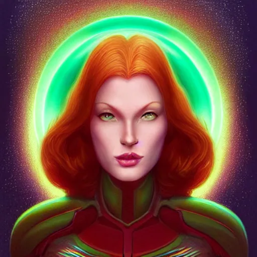 Image similar to Redhead Pleiadian alien human beautiful hybrid feminine woman, with stunning green eyes, cute symmetrical round face and a roundish nose, as a retro futuristic heroine, gorgeous digital painting, artstation, concept art, smooth, sharp focus, illustration, art by artgerm and donato giancola and Joseph Christian Leyendecker, Ross Tran, WLOP