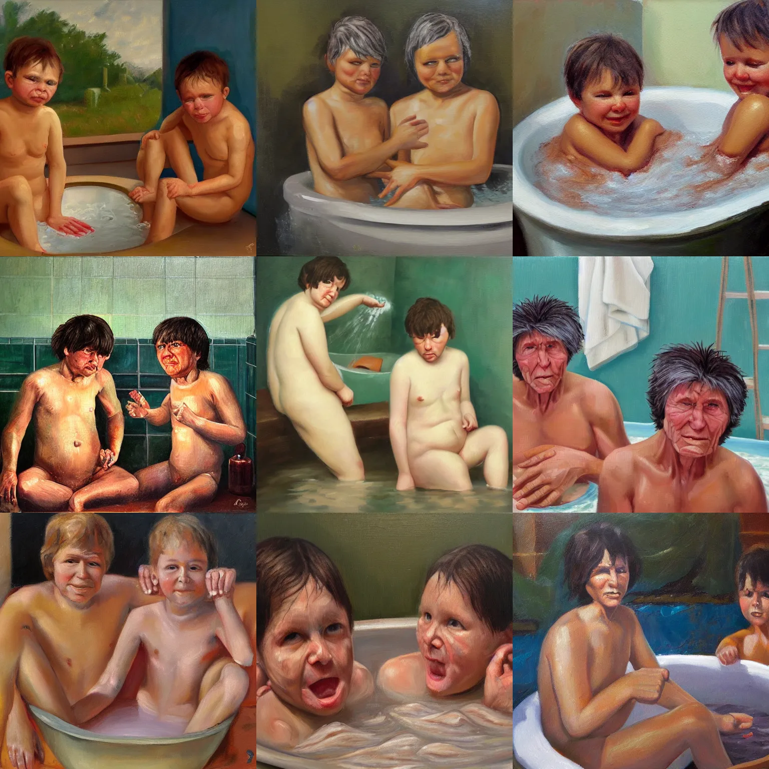 Prompt: Bathtime for the Bogdanoff twins, oil painting