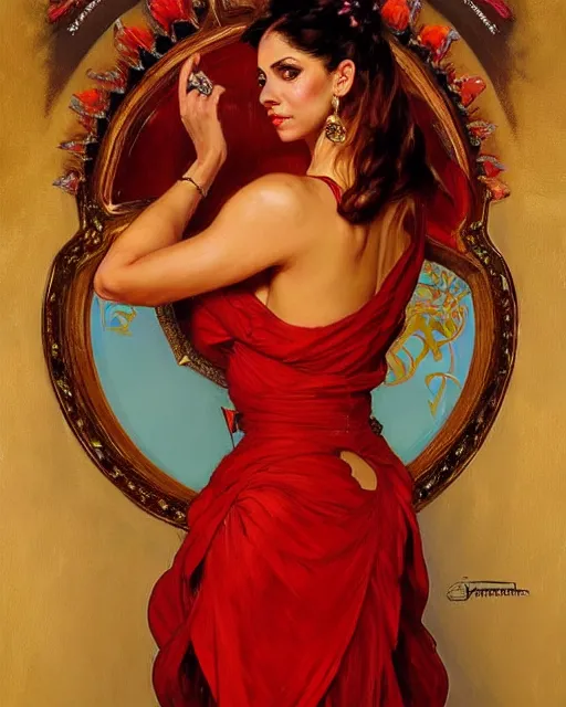 Prompt: portrait of a beautiful spanish woman wearing a red salsa dress, beautiful symmetrical face, golden, fantasy, regal, by stanley artgerm lau, greg rutkowski, thomas kindkade, alphonse mucha, loish, norman rockwell.