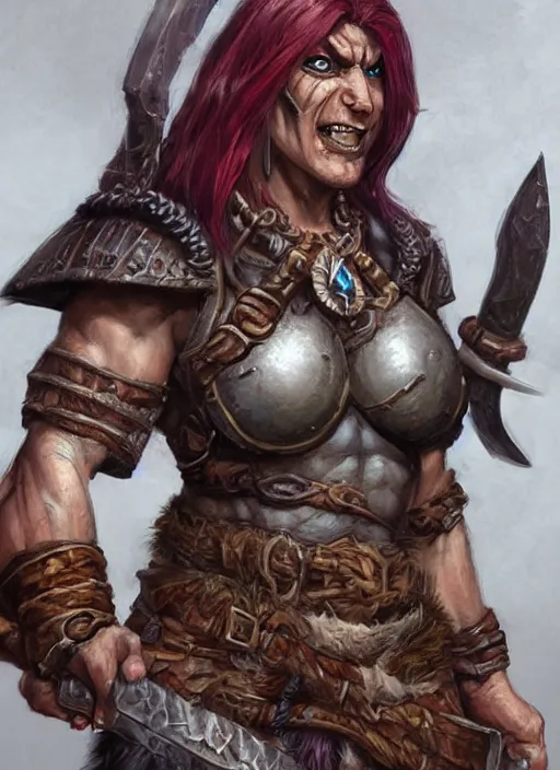 Image similar to female orc barbarian, ultra detailed fantasy, dndbeyond, bright, colourful, realistic, dnd character portrait, full body, pathfinder, pinterest, art by ralph horsley, dnd, rpg, lotr game design fanart by concept art, behance hd, artstation, deviantart, hdr render in unreal engine 5