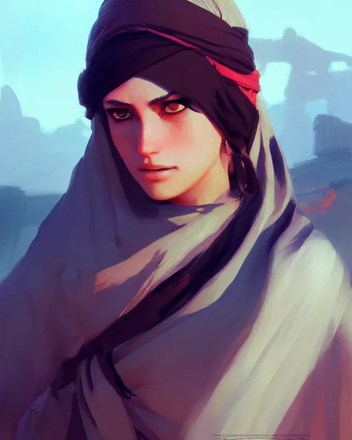 Image similar to beautiful bedouin, detailed portrait, cell shaded, 4 k, vivid colours, concept art by wlop, ilya kuvshinov, artgerm, krenz cushart, greg rutkowski, pixiv. cinematic dramatic atmosphere, sharp focus, volumetric lighting, cinematic lighting, studio quality