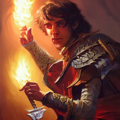 Prompt: beautiful portrait painting of a very short and small male halfing bard from pathfinder, casting fireball, painted by larry elmore, wayne reynolds, greg rutkowski, magic the gathering, dungeons and dragons, dishonored 2