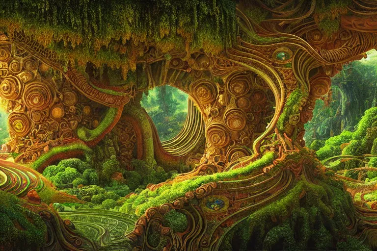 Prompt: a beautiful and highly detailed digital painting of an alien temple in a lush valley on an alien planet, psychedelic patterns, intricate details, epic scale, 8 k, sharp focus, photorealism, artstation, cgsociety, by caspar friedrich, albert bierstadt, james gurney, alex grey, brian froud,