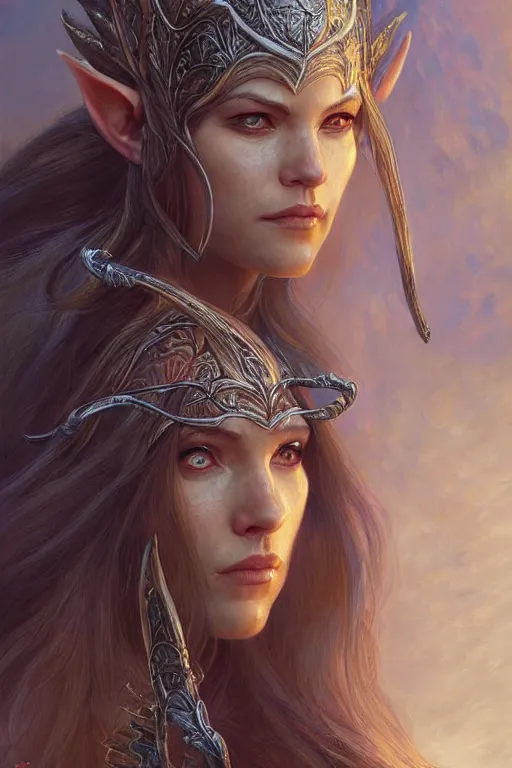 Image similar to female elven warrior portrait | highly detailed | very intricate | symmetrical | cinematic lighting | award - winning | closeup portrait | painted by donato giancola and mandy jurgens and charlie bowater | featured on artstation