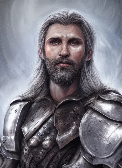 Image similar to an epic fantastic realism comic book style portrait painting of an aasimar paladin, male, shaggy silver hair, short brown beard, intense face, d & d concept art, unreal 5, daz, petrol aesthetic, octane render, cosplay, rpg portrait, dynamic lighting