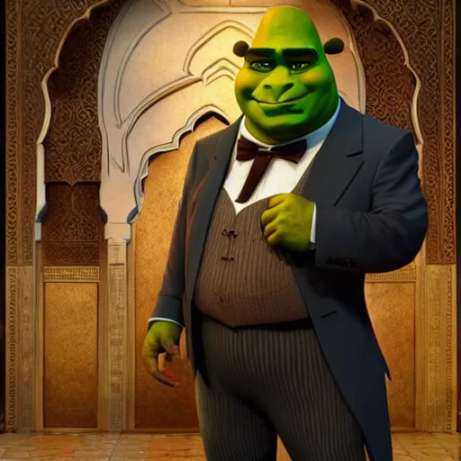 Image similar to handsome shrek in a tuxedo in a moroccan wedding, highly detailed, digital painting, artstation, concept art, sharp focus, illustration, art by greg rutkowski and alphonse mucha