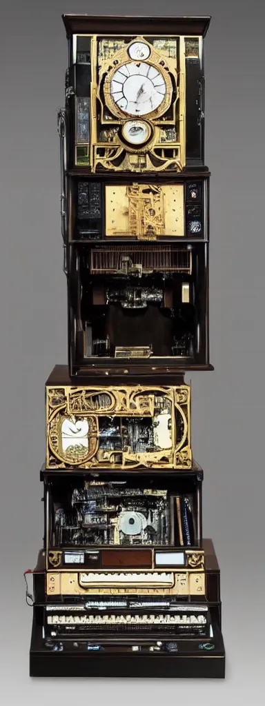 Image similar to An intricate, highly detailed and technologically advanced steampunk computer painted by Rene Magritte and Salvador Dali