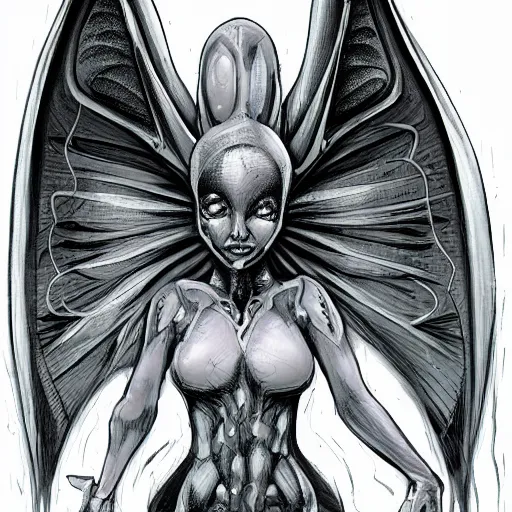 Image similar to alien woman - wings, organic armor, three eyes, tentacles, realistic