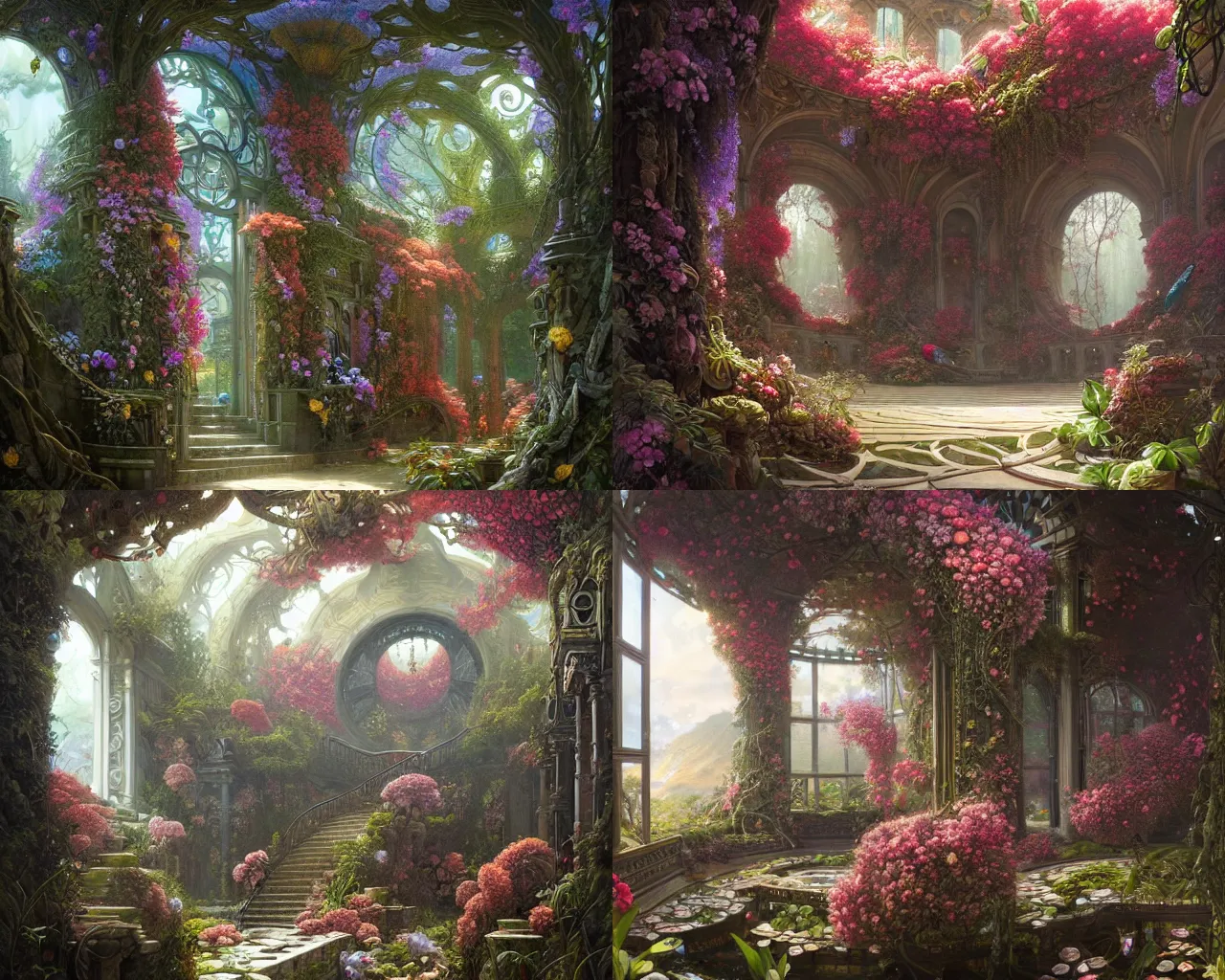 Prompt: flower pavilion, ferdinand knab, ross tran, peter mohrbacher