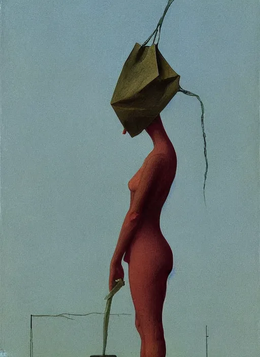 Prompt: woman with a paper bag over the head and a sward connected with telephone wires Edward Hopper and James Gilleard, Zdzislaw Beksinski, Steven Outram highly detailed