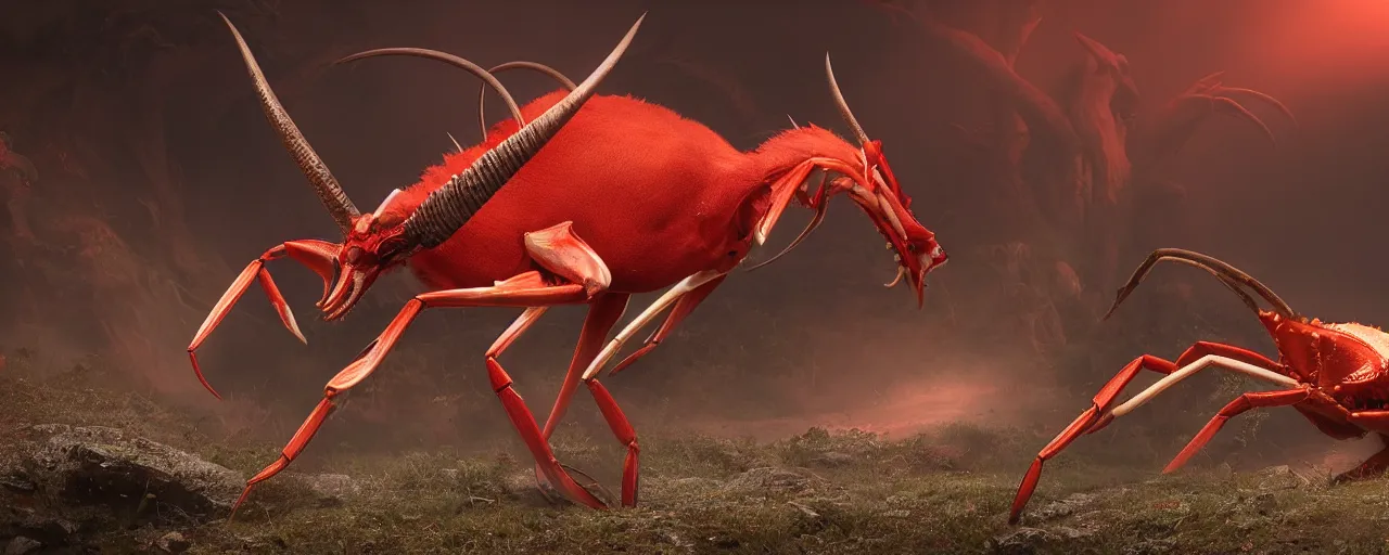 Prompt: creature design, an oryx gazelle with red crustacean carapace, fiddler crab claws, palp eyes, cryptid, cinematic lighting, octane render, cinematic aura lighting, atmospheric, photorealistic, hyperdetailed 3 d matte painting, hyperrealism, hyperrealistic