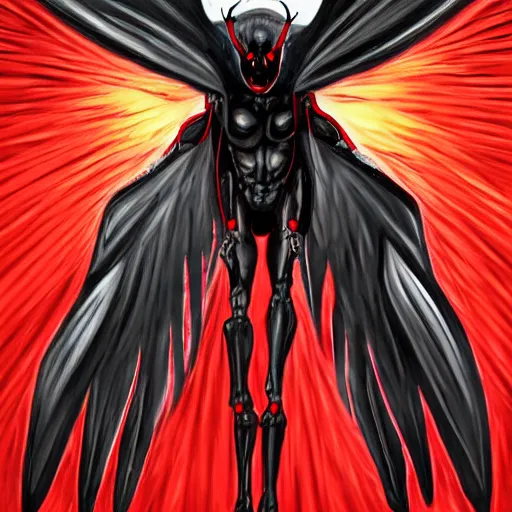 Prompt: mothman detailed black red eyed hyperrealistic cyborg in the style of kyle lambert