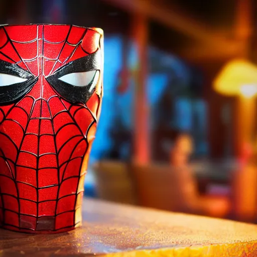 Image similar to a closeup photorealistic photograph of a spider man style tiki mug on a trader vic's bar featuring the face of spider man. tiki theme. bright scene. fine detail. this 4 k hd image is trending on artstation, featured on behance, well - rendered, extra crisp, features intricate detail, epic composition and the style of unreal engine.