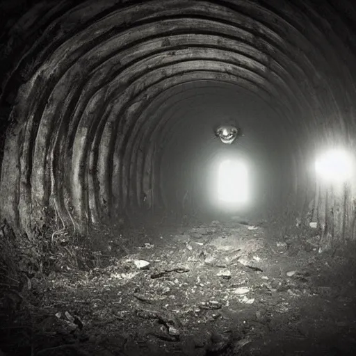 Image similar to a realistic horrible creature standing at the end of an abandoned mine, long tunnel, dream like atmosphere,