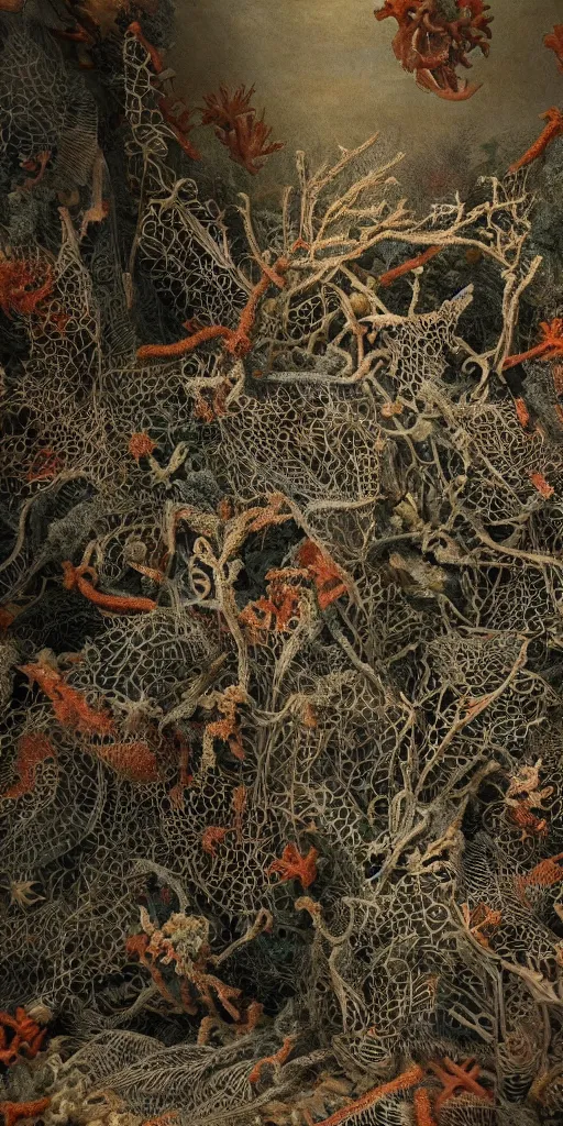 Image similar to a coral reef, made of intricate decorative lace leaf skeleton, in the style of the dutch masters and gregory crewdson, dark and moody