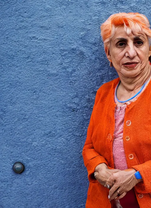 Prompt: Mid-shot portrait of a 60-year-old woman from Cyprus, happy, strong blue and orange colors, candid street portrait in the style of Martin Schoeller award winning, Sony a7R