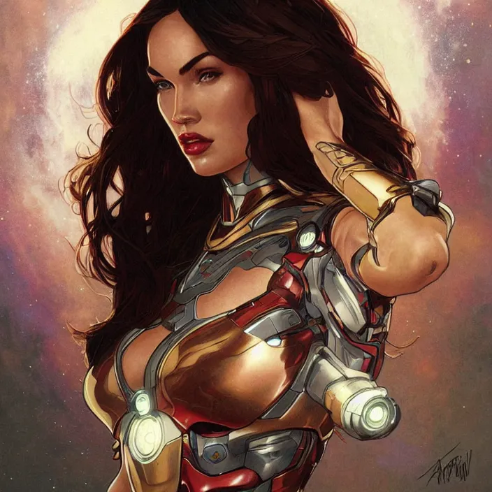 Image similar to megan fox as female ironman by artgerm, greg rutkowski, alphonse mucha