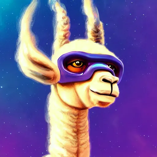 Prompt: llama with dreadlocks, realistic creature concept, heroic pose, space nebula in background, by Cory Loftis, 4k, artstation