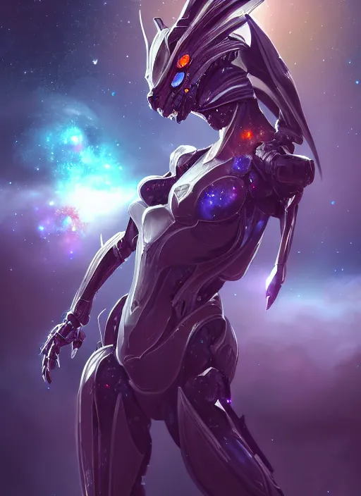 Image similar to cinematic goddess shot, cosmic sized perfectly proportioned stunning beautiful hot anthropomorphic robot mecha female dragon, in space, nebula background, larger than galaxies, holding galaxy, sharp claws, sleek silver armor, epic proportions, epic size, epic scale, digital art, furry art, macro art, dragon art, giantess art, warframe fanart, furaffinity, deviantart