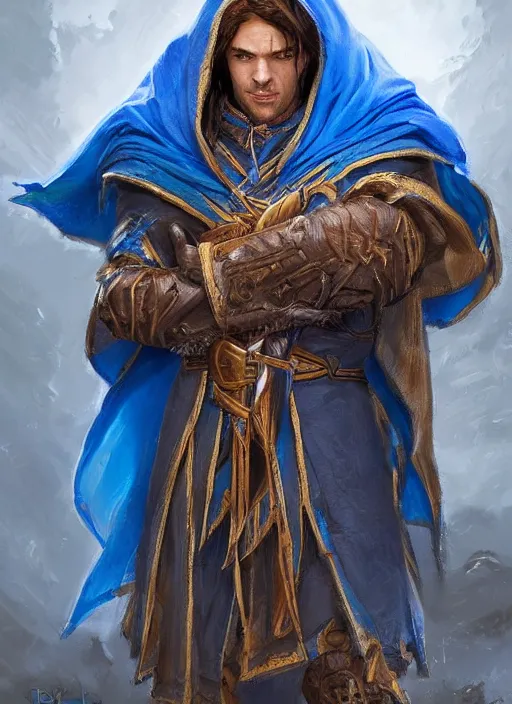 Image similar to bright blue cloak male priest, ultra detailed fantasy, dndbeyond, bright, colourful, realistic, dnd character portrait, full body, pathfinder, pinterest, art by ralph horsley, dnd, rpg, lotr game design fanart by concept art, behance hd, artstation, deviantart, hdr render in unreal engine 5