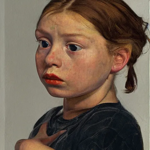 Image similar to high quality high detail painting by lucian freud, hd, portrait of a girl looking at the distance with despair, photorealistic lighting