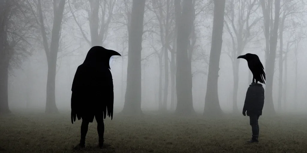 Prompt: a man with a raven head standing in the mist, fog, scary