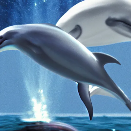 Image similar to betty white riding a dolphin through space, cinematic vfx