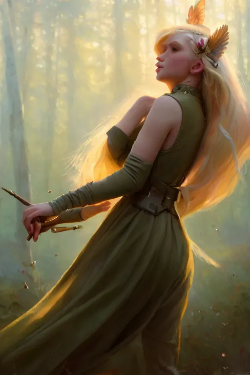 Image similar to cinematic shot of an epic portrait of a cute blonde fairy dressed in military clothes, stylised military clothes, large wings on back, shiny skin, beautiful, small details, realistic poster with volumetric light from jeremy lipkin and michael garmash, craig mallism, artgerm, unreal engine, radiant light, digital art, trends at art station, a masterpiece