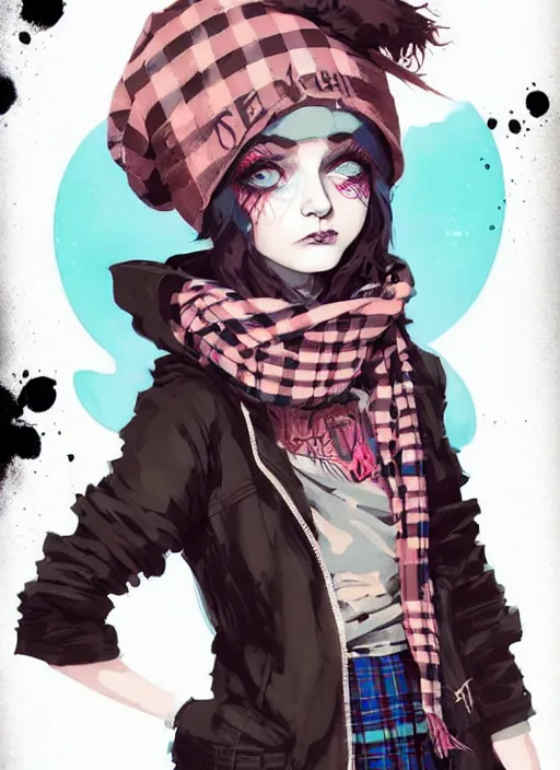 Image similar to highly detailed portrait of a sewer ( ( emo punk ) ) lady student, beanie, blue eyes, tartan scarf, curly hair by atey ghailan, by greg rutkowski, by greg tocchini, by james gilleard, by joe fenton, by kaethe butcher, gradient pink, black, brown and cream color scheme, grunge aesthetic!!! graffiti tag wall background