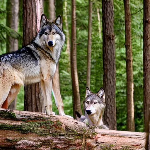 Image similar to in the forest, a timber wolf watches a blonde teenage girl wearing a red hoodie