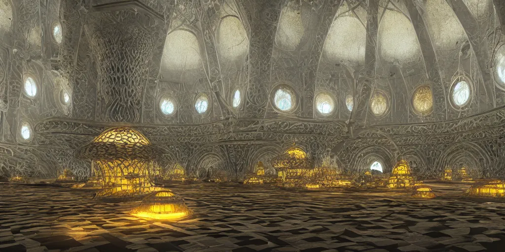 Image similar to Photorealistic exterior of Istiqlal mosque bulit in giant glowing mushroom underworld dark cave, with domes and arches, people and androids wearing traditional japanese clothing. photorealism, UHD, amazing depth, glowing, golden ratio, 3D octane cycle unreal engine 5, volumetric lighting, cinematic lighting, cgstation artstation concept art