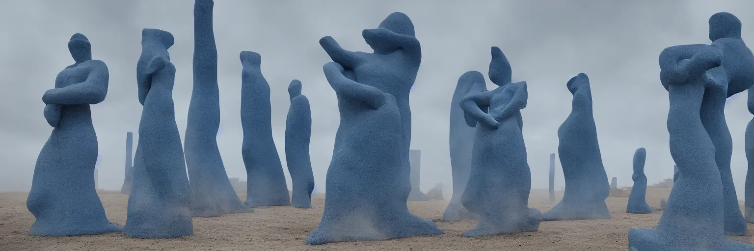 Prompt: towering blue ceramic statues in an en endless blue desert with an overcast sky, cinematic composition, coloured smoke in the distance