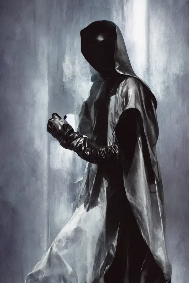 Image similar to digital fashion, androgynous person face covered, tactical poncho latex rags, techwear, iridiscent light, high key, cinematic lighting at night, grimm, phil hale, boris vallejo, alberto mielgo, patrick o'keeffe