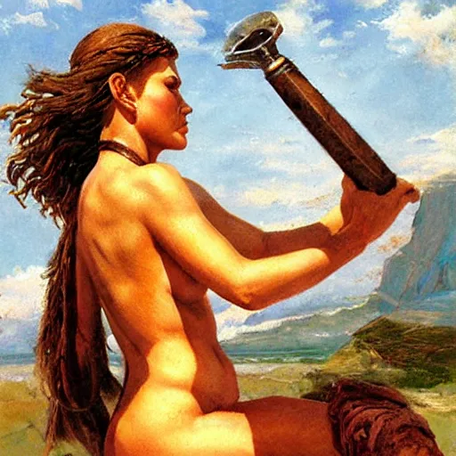 Prompt: a barbarian woman washing her hair by frank franzetta