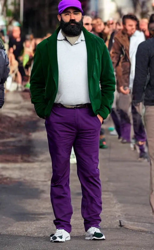 Prompt: a man with a chin - style dark brown beard without mustache in a full black hat, green jacket, purple pants and white sneakers in full height, perfect face