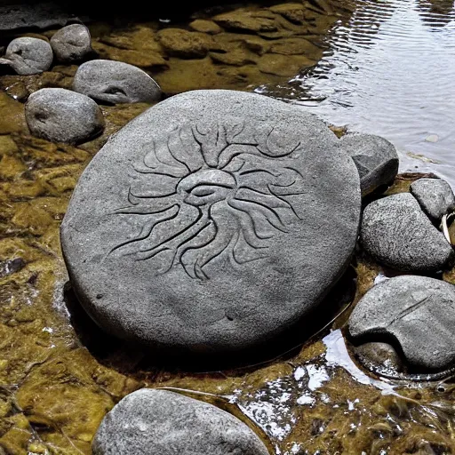 Prompt: detailed footage of european hunger stones in a river, photographic journalism, realistic, european river, carvings of drought and famine