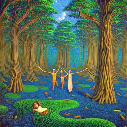 Image similar to dancers in the trippy forest by rob gonsalves