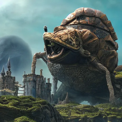 Image similar to large fantasy castle rising from the top of a giant tortoise that is towering over a harsh barren wasteland, centered in frame, howls moving castle, mortal engines, kaiju, distance - shot, fantasy, hyper detailed, 4 k