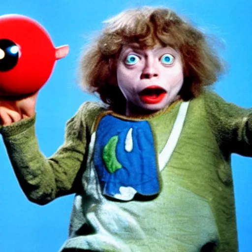 Image similar to still from 1977 live-action children's tv show about a goblin who enters an eyeball cult color