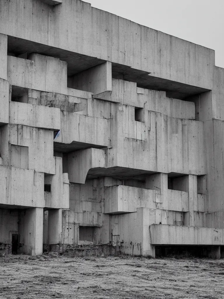 Image similar to High resolution black and white photograph with a 35mm F/5.0 lens of a brutalist architectural building in Bulgaria in the 1980s in the middle of a deserted nowhere while foggy and cloudy.