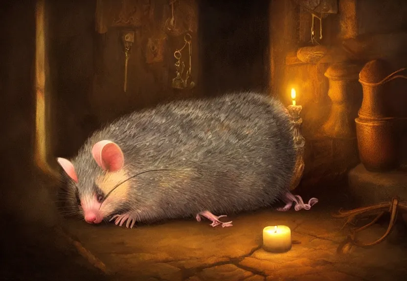 Image similar to cute possum sleeping on a bed in a medieval cluttered cottage at night under the dim light of a candle, dark fantasy, dreaming illusion, trending on artstation