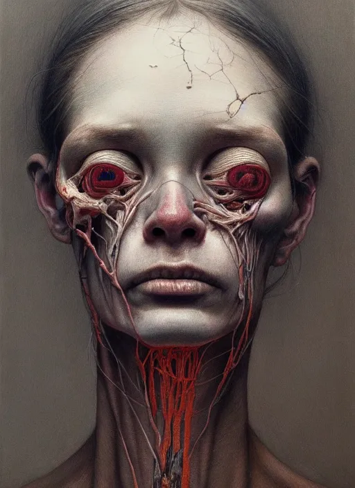 Prompt: there is ugliness in beauty, but there is also beauty in ugliness detailed portrait painting inspired by beksinski and alex gray, accurate anatomy, vintage, by jenny saville, edward hopper trending on artstation. 8 k