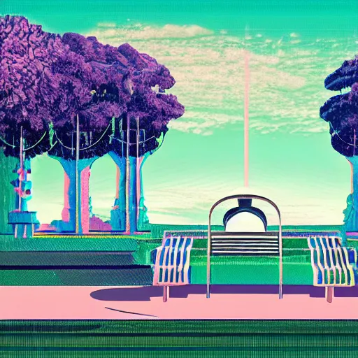 Prompt: art deco vaporwave illustration of a park with trees and benches, in a futuristic pastel city