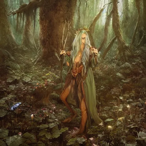 Prompt: Realistic painting of a high fantasy wood elf wizard in a magical forest clearing by Jean Baptiste Monge, Brian Froud, John Howe, Artgerm, Craig Mullins, trending on artstation volumetric lighting, dramatic lighting