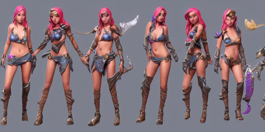 Image similar to Character sheet of pool party samira (League of Legends). 3d unreal engine 5 trending on artstation