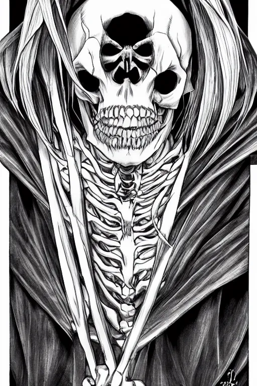 Prompt: Grim Reaper by Takeshi Obata, skeleton face