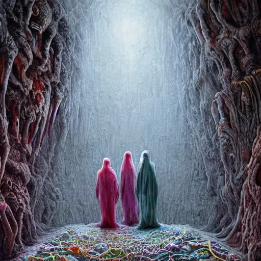 Image similar to painting of a creepy family wearing long robes, highly detailed, intercrossed humans, mixed animal, in a beautiful crystal caverine, by giger, zdzislaw beksinski, frank frazette, cold hue's, amazing colorful background, digital art, concept art, animal painting, beautiful composition 3 - d 4 k,