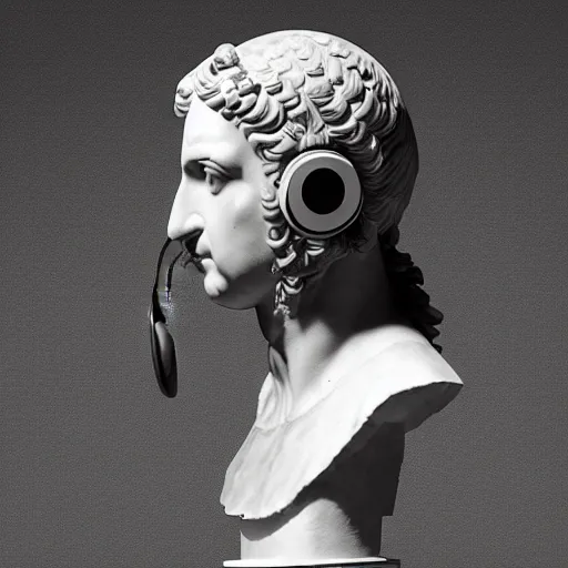 Prompt: a roman bust wearing headphones listening to music, in the style of vaporwave, vaporwave style, 4k, hi res